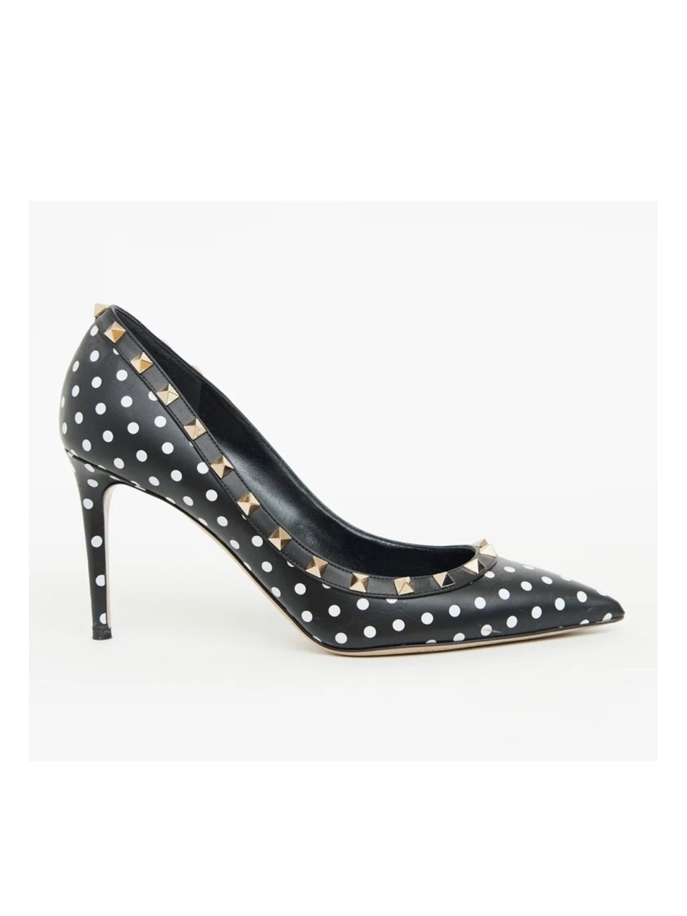 Valentino Rockstud Studded Polkadot Pointed Toe Black Leather Pump Heels